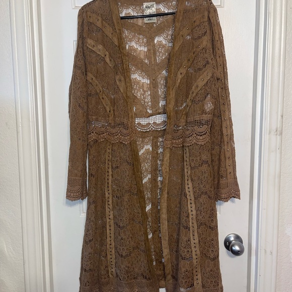 Vocal Sweaters - Nwot vocal duster boho western camel color with studs and lace